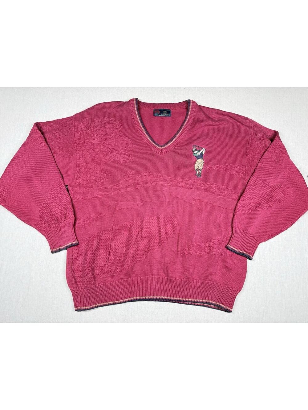 VTG ISLE OF COTTON Knit‎ Golf Sweater Men XL Red Made In USA V-Neck 90s Grunge